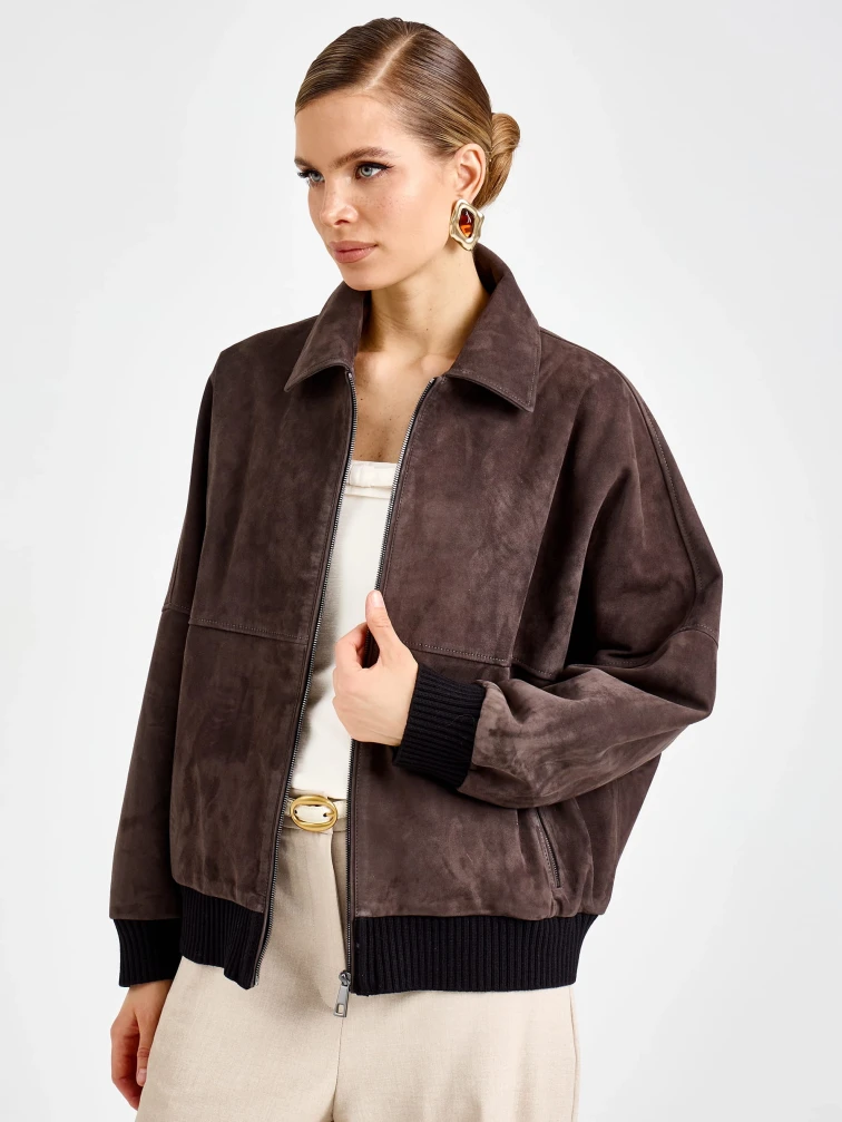 Женская замшевая куртка бомбер премиум класса 3106з, серая, размер 46, артикул 92430-2