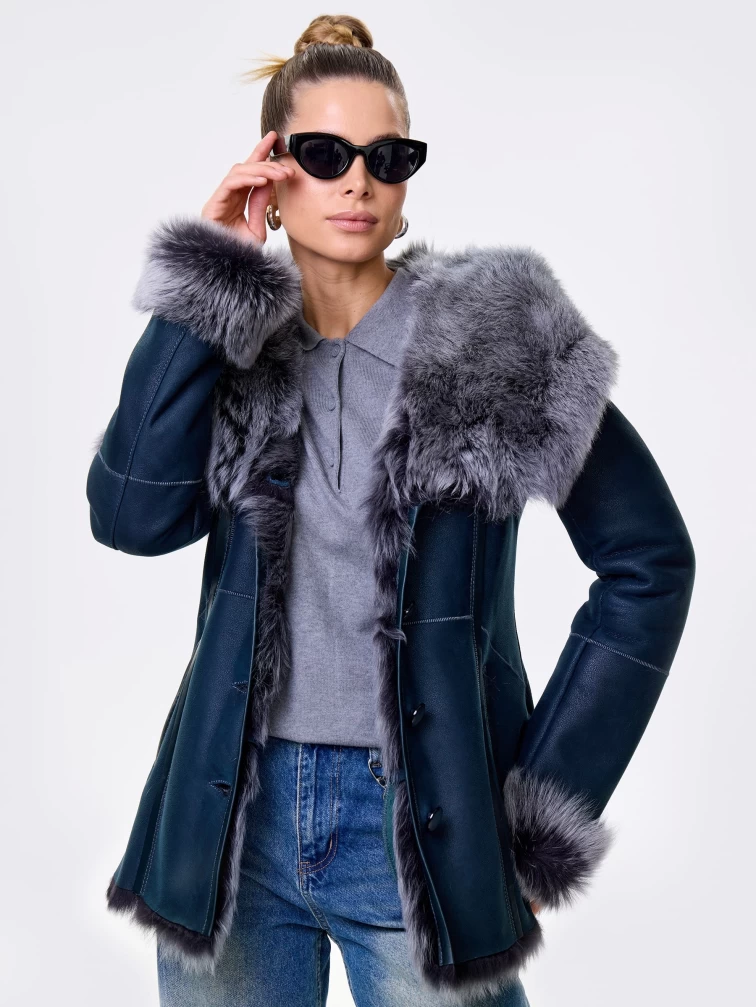 Короткая женская дубленка из тосканы с капюшоном 122, синяя, размер 40, артикул 14871-6