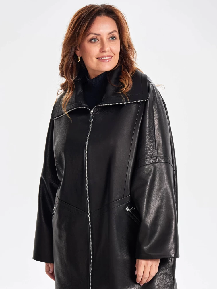 Женское кожаное полупальто оверсайз премиум класса 3057, черное, размер 52, артикул 64020-4