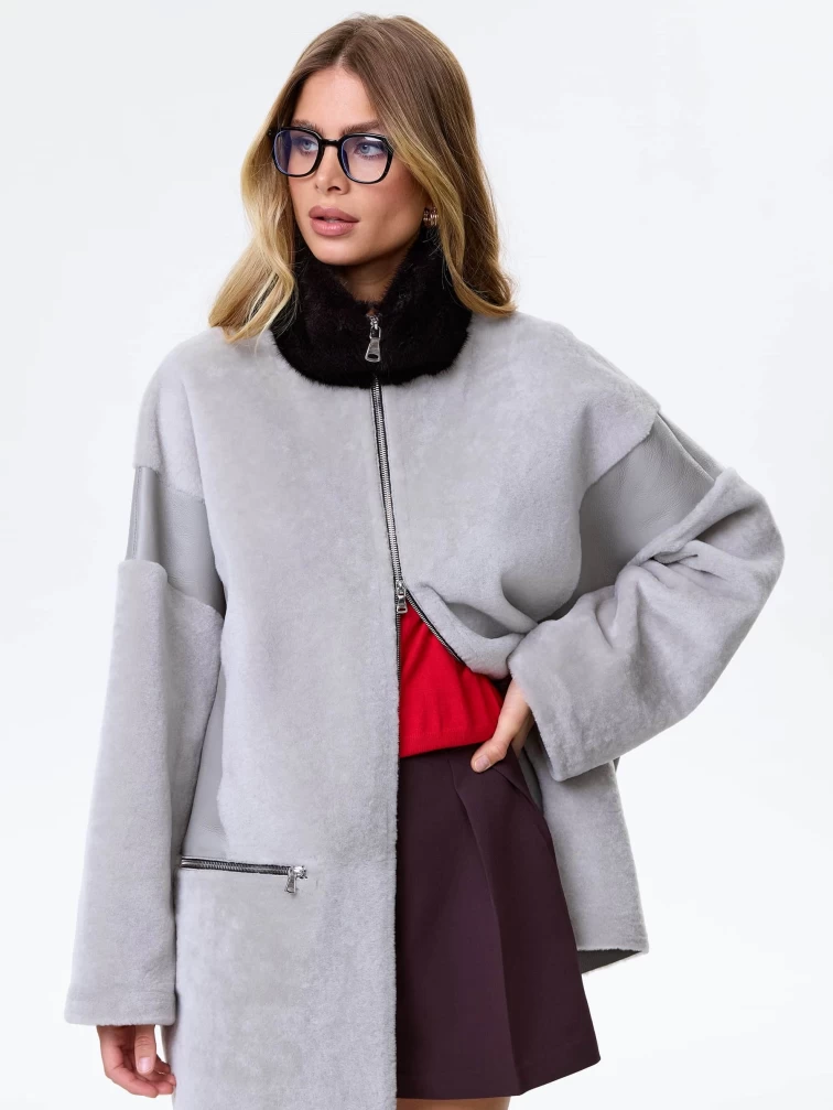 Дубленка на молнии с норковым воротником для женщин премиум класса 2057, серая, размер 44, артикул 64480-0