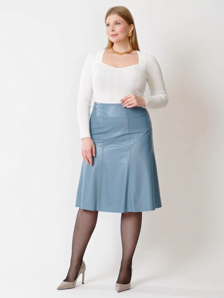Расклешенная кожаная юбка 04, голубая, размер 48, артикул 85410-7