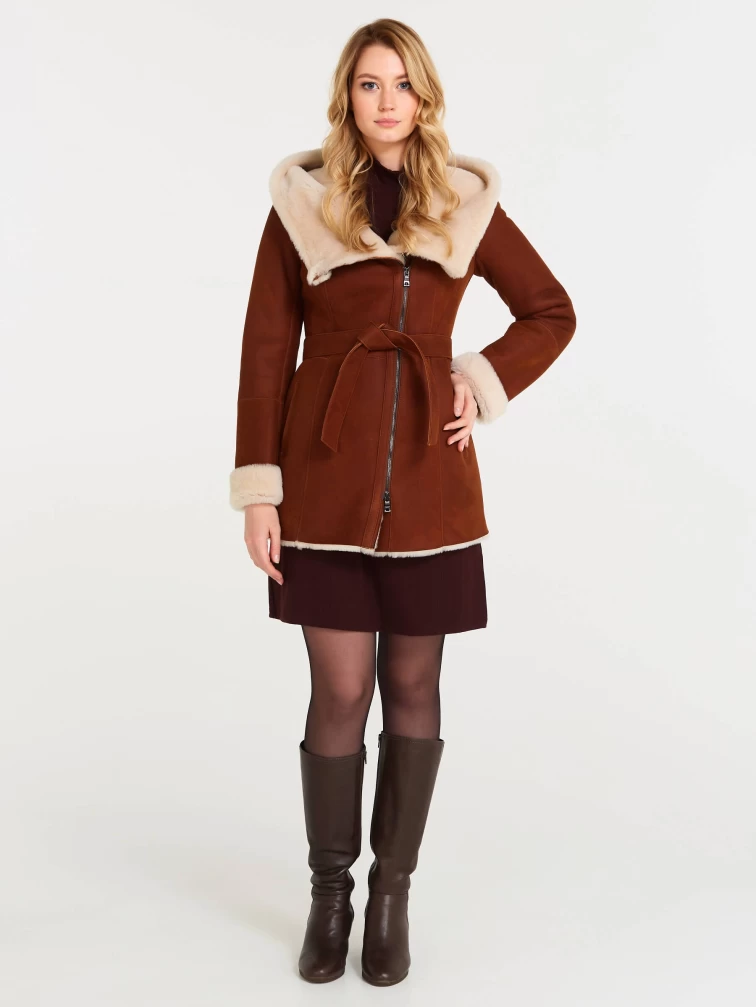 Короткая женская дубленка косуха с капюшоном 200, табачно-рыжая, размер 44, артикул 61250-3
