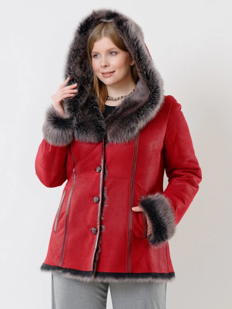 Короткая женская дубленка из тосканы с капюшоном 122, красная, размер 44, артикул 62050-2