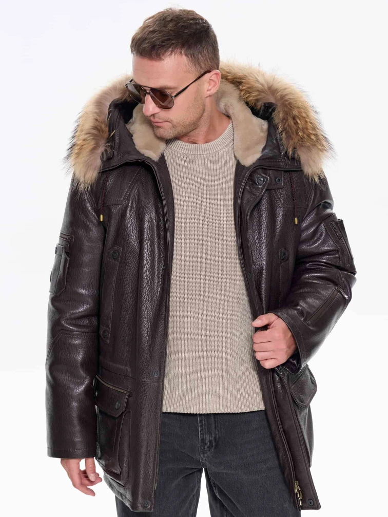 Утепленная мужская кожаная куртка аляска с мехом енота Алекс, коричневая, размер 52, артикул 40300-0
