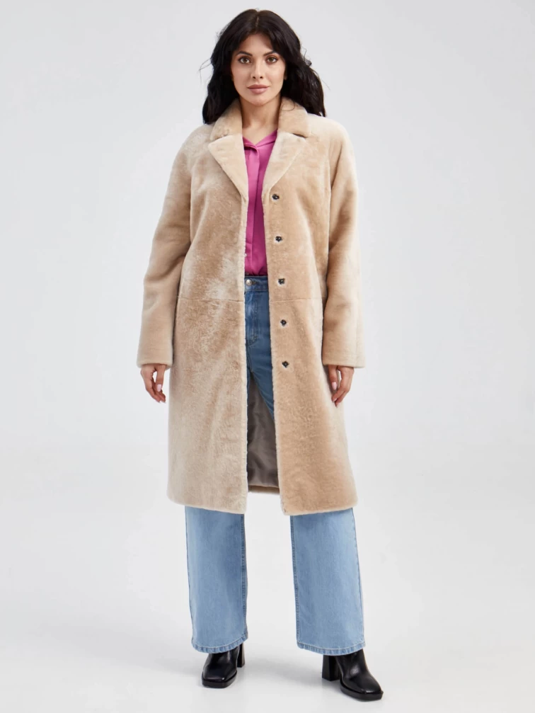 Классическая длинная женская дубленка из астрагана премиум класса 55мех, бежевая, размер 54, артикул 13460-5