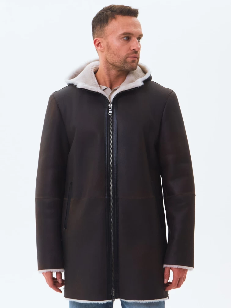 Длинная мужская дубленка из натуральной овчины премиум класса 438, коричневая, размер 48, артикул 41180-3