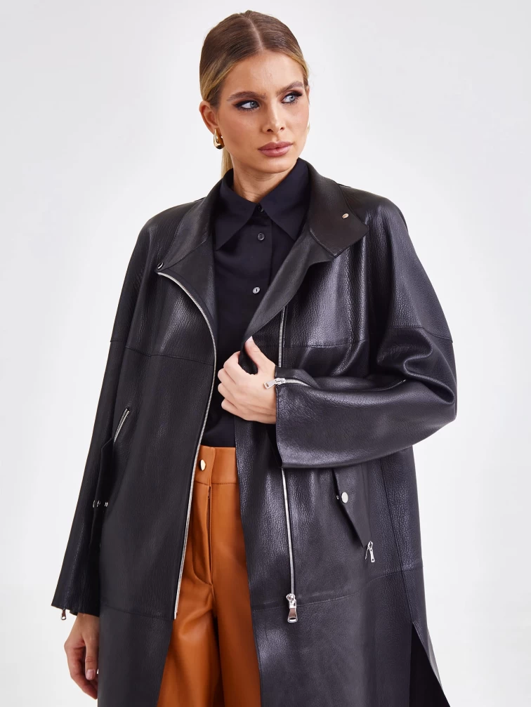 Женский кожаный плащ на молнии премиум класса 3041, черный, размер 48, артикул 91891-1