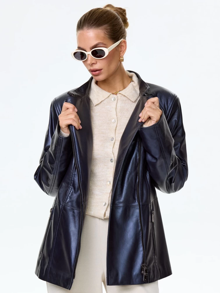 Женская кожаная куртка косуха 320(нв), синяя, размер 48, артикул 90700-7