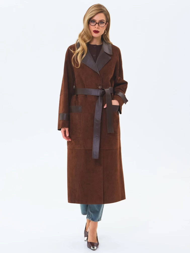 Длинный женский замшевый плащ премиум класса 3083з, коньячный, размер 48, артикул 24550-0
