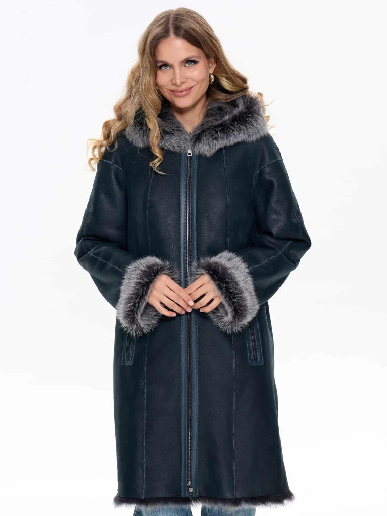 Женская дубленка с капюшоном из тосканы 2067, синяя, размер 46, артикул 64740-0