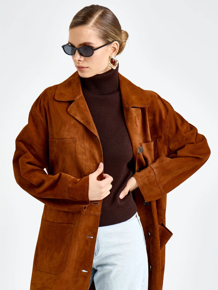 Замшевый женский плащ премиум класса 3113з, виски, размер 48, артикул 92400-2