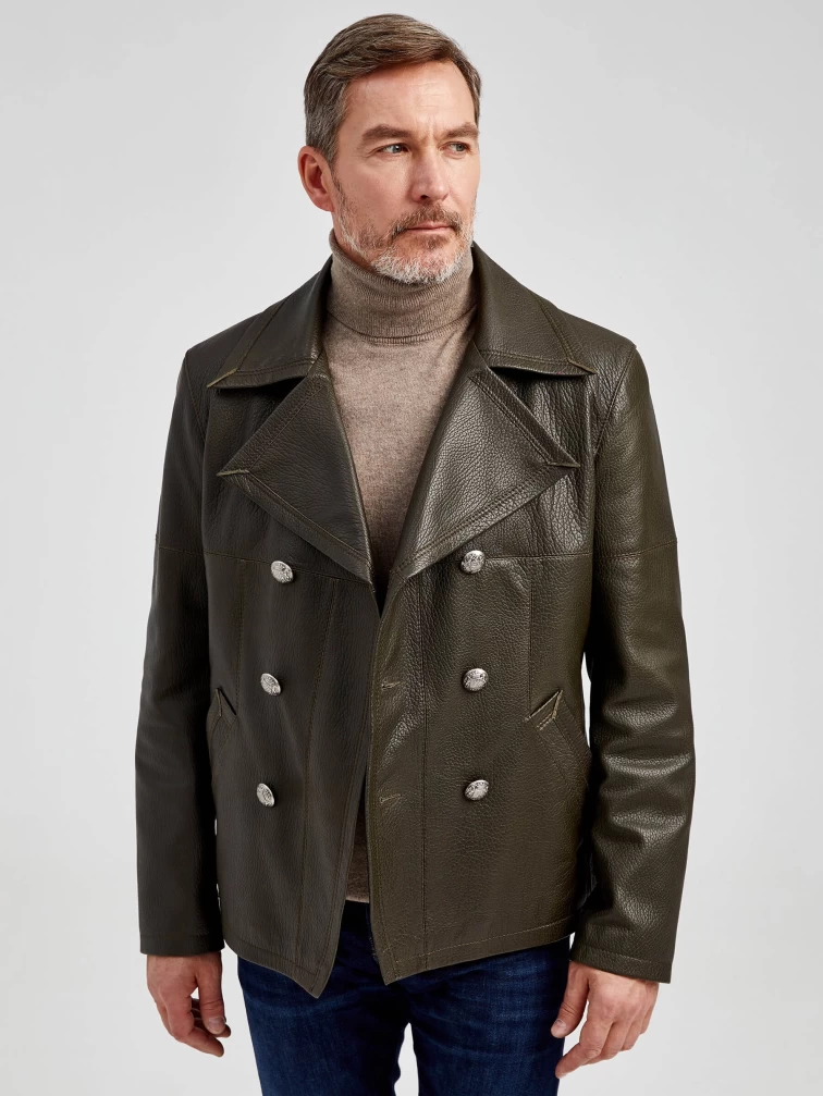 Двубортная мужская кожаная куртка Клуб, оливковая, размер 48, артикул 28972-1