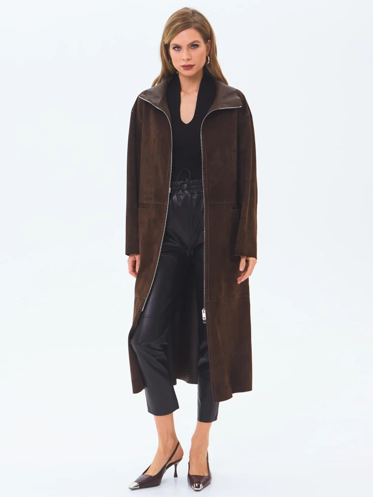 Длинный женский замшевый плащ премиум класса 3082з, коричневый, размер 48, артикул 24670-1