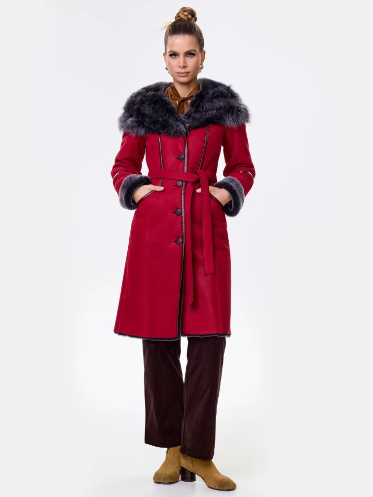 Женская дубленка с капюшоном из тосканы 263, красная, размер 44, артикул 61931-1