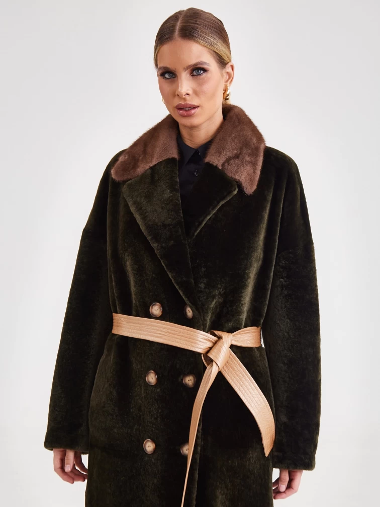 Двусторонняя двубортная женская шуба из астрагана с мехом норки премиум класса 2017, хаки, размер 48, артикул 62790-3