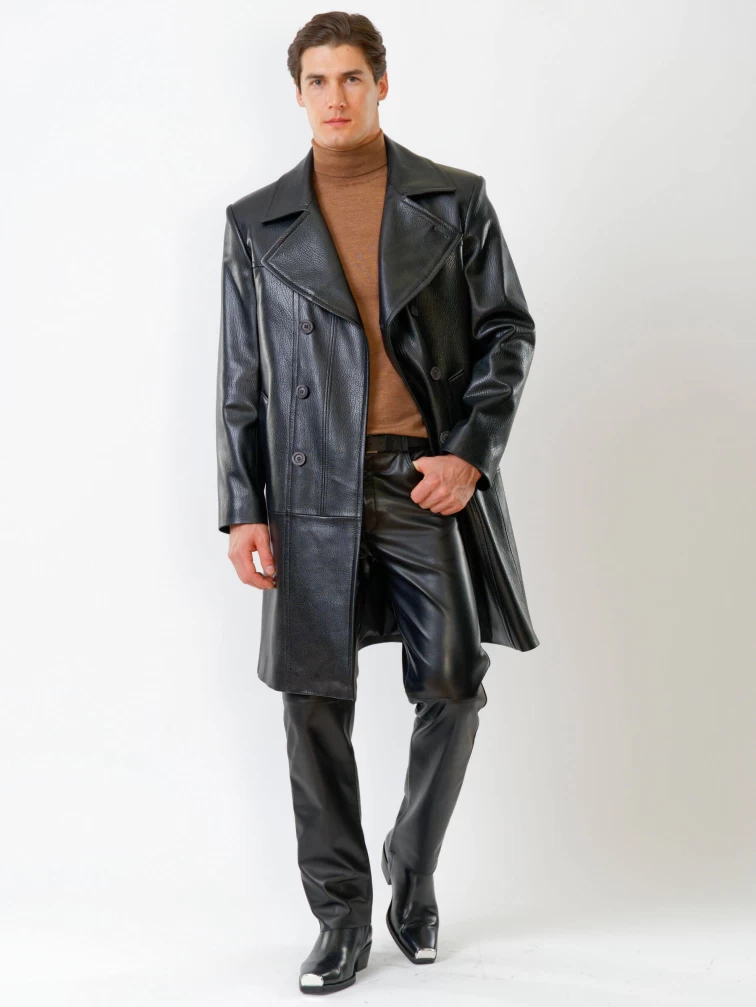 Двубортный мужской кожаный плащ премиум класса Чикаго, черный, размер 48, артикул 21121-3