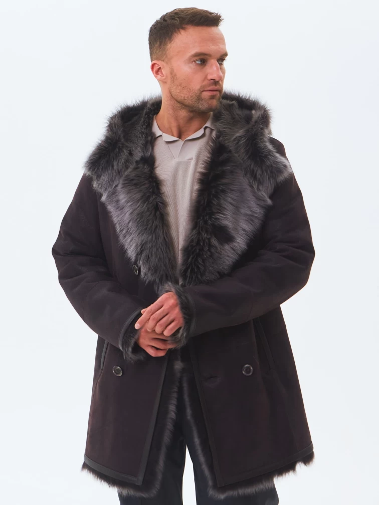 Двубортная мужская дубленка из тосканы с капюшоном премиум класса 415, коричневая, размер 52, артикул 71600-2