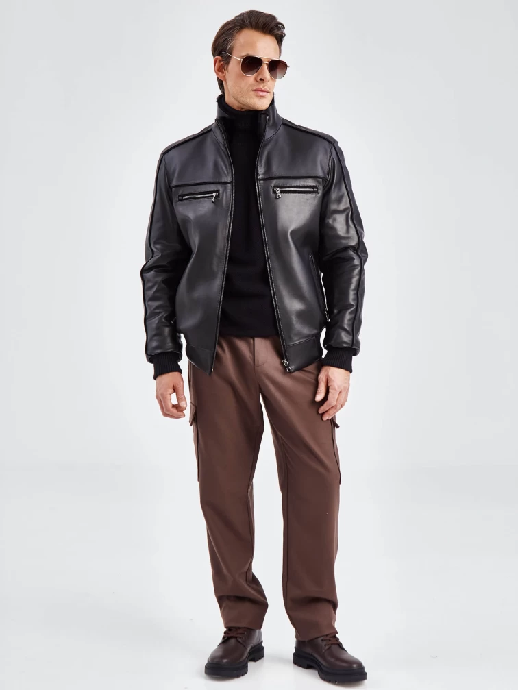 Короткая кожаная мужская дубленка бомбер 515, черная, размер 50, артикул 40261-0