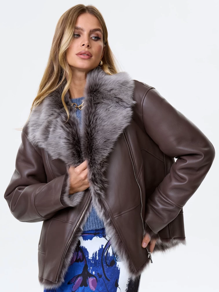 Короткое женское полупальто из натуральной овчины тоскана премиум класса 2049, коричневое, размер 44, артикул 64420-0