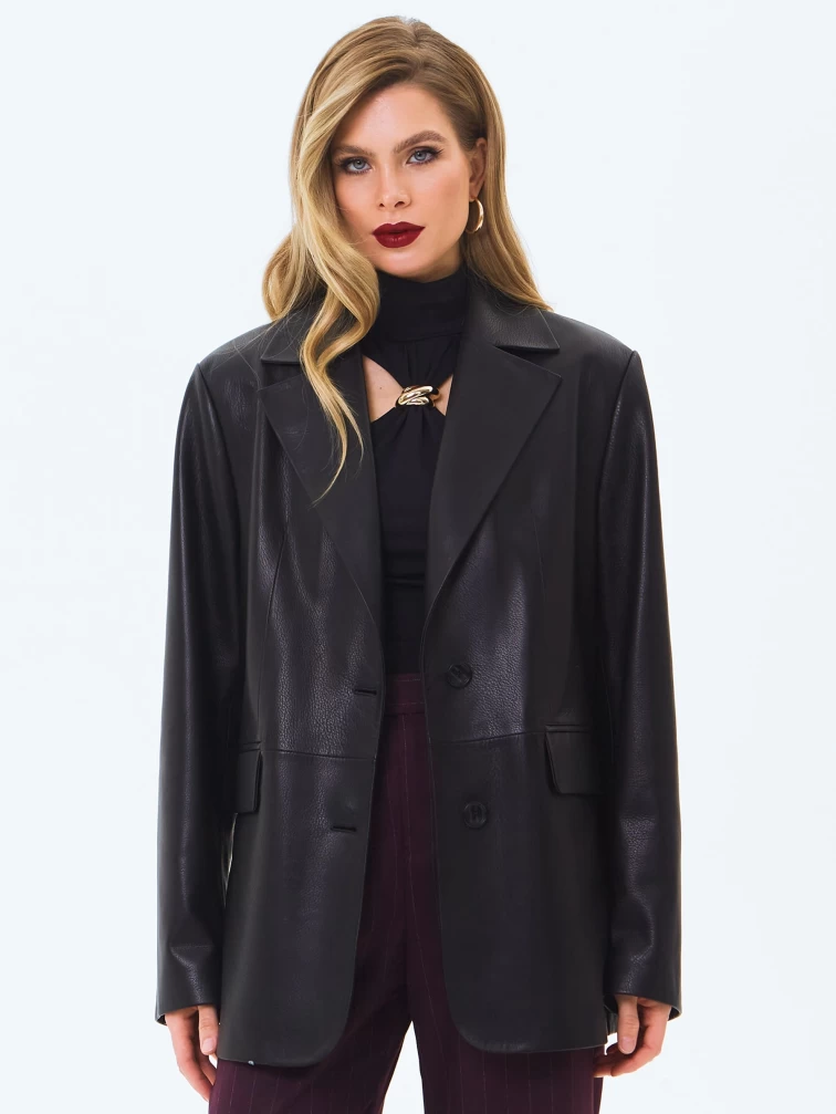 Кожаный женский пиджак премиум класса 3096, черный, размер 46, артикул 24490-0