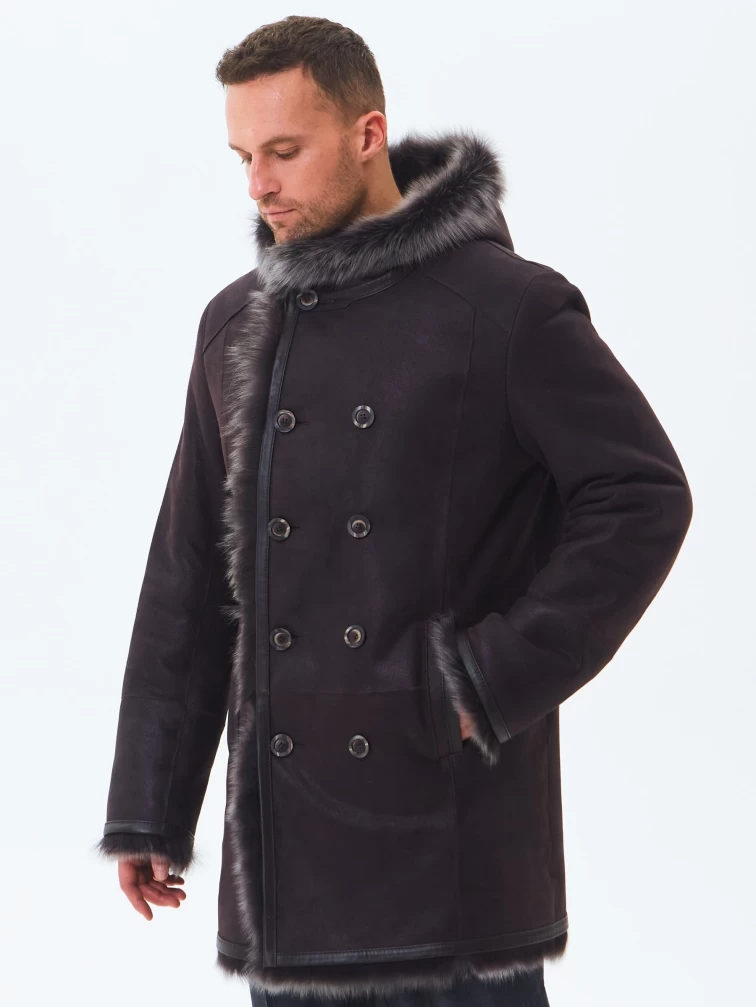 Двубортная мужская дубленка из тосканы с капюшоном премиум класса 415, коричневая, размер 52, артикул 71600-5