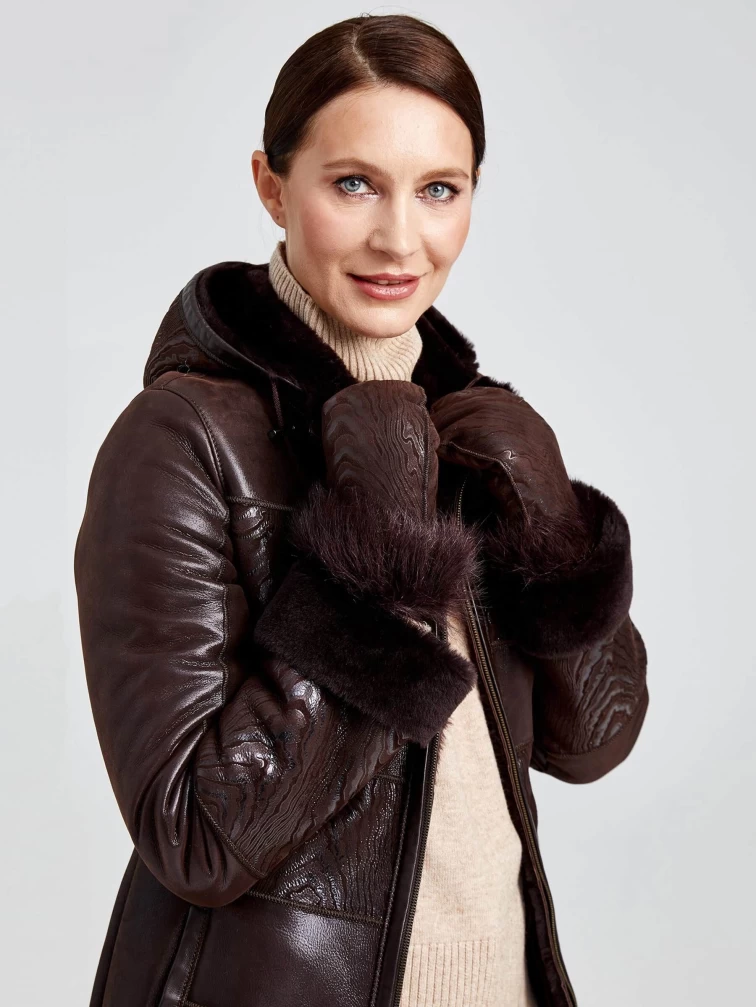 Короткая женская комбинированная дубленка с капюшоном 268, коричневая, размер 42, артикул 62360-4