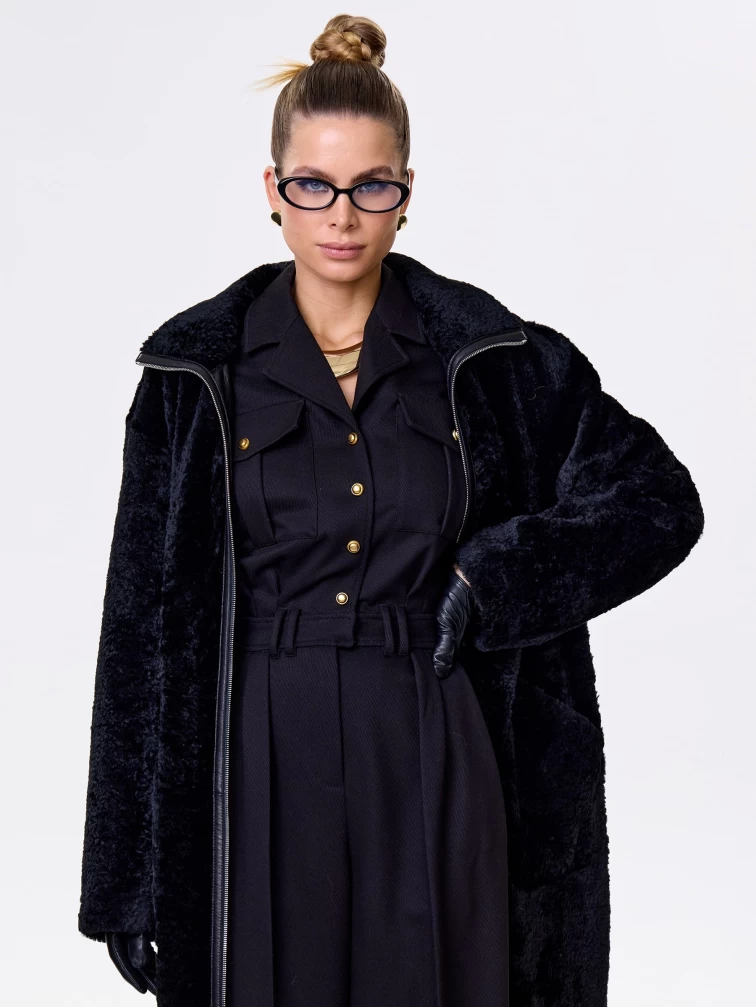 Длинное женское пальто из натуральной овчины астрагана премиум класса 2060, черное, размер 46, артикул 64320-3