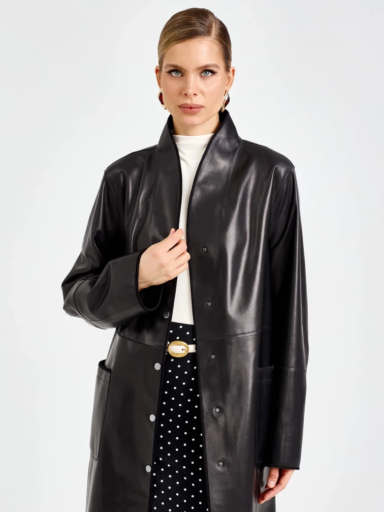 Длинный женский кожаный плащ премиум класса 3099, черный, размер 48, артикул 92120-6