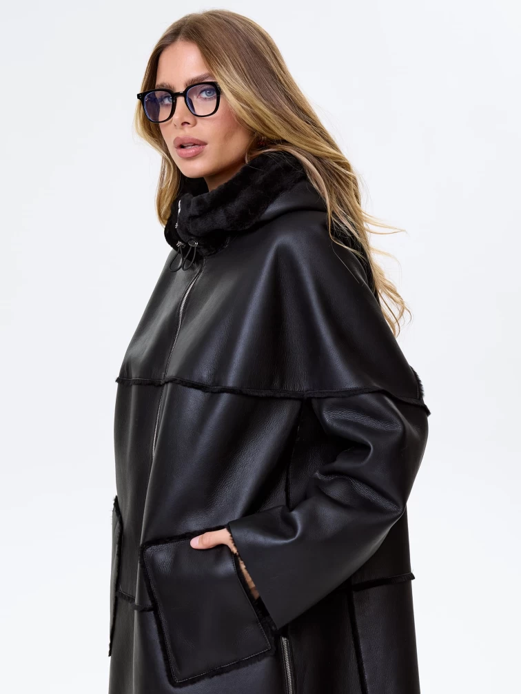 Женское полупальто с капюшоном из натуральной овчины премиум класса 2052, черное, размер 46, артикул 64290-6