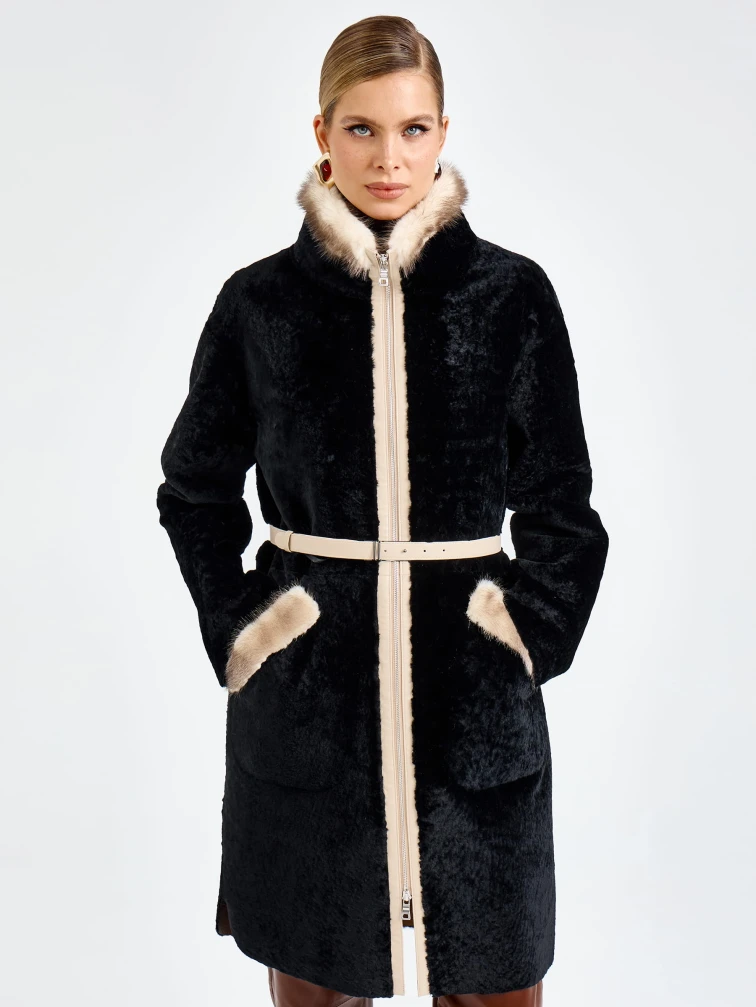 Черная женская дубленка из астрагана с мехом норки премиум класса 2018, размер 44, артикул 65140-6