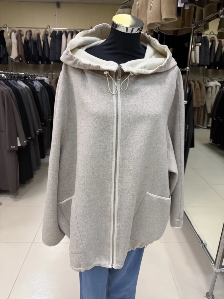 Полупальто кашемировое женское с капюшоном бежевое 1132-70, размер 48, артикул 92530-0