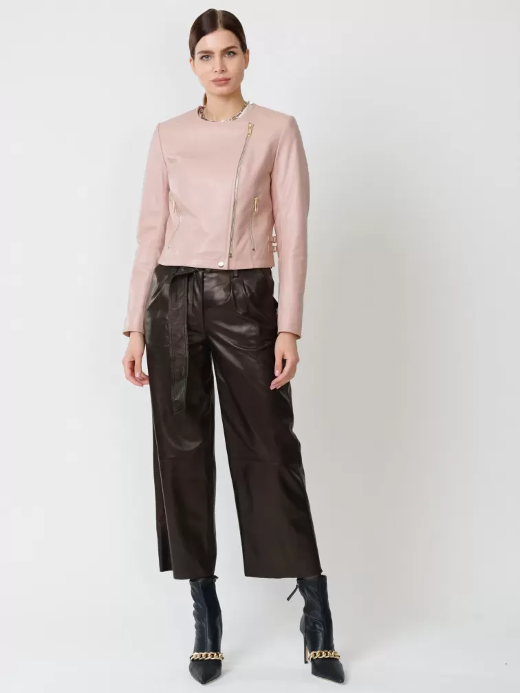 Кожаный комплект женский: Куртка 389 + Брюки 05, пудровый/черный, р. 42, арт. 111115-0