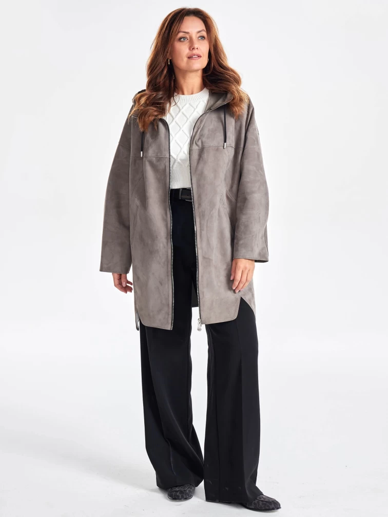 Женское замшевое полупальто оверсайз с капюшоном премиум класса 3059з, серое, размер 52, артикул 64050-0