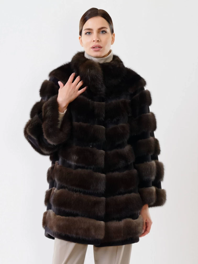 Длинная шуба из меха соболя премиум класса для женщин С-40, темно-коричневая, размер 48, артикул 19020-2