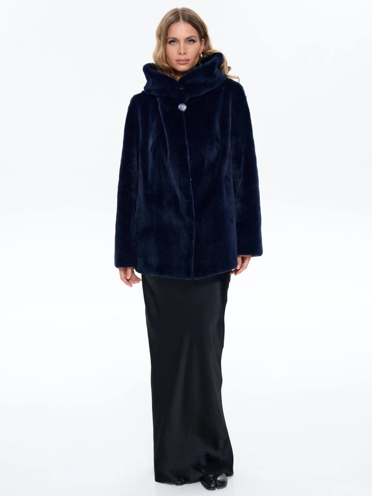 Синяя женская норковая шуба с капюшоном Жанет, размер 54, артикул 65160-2