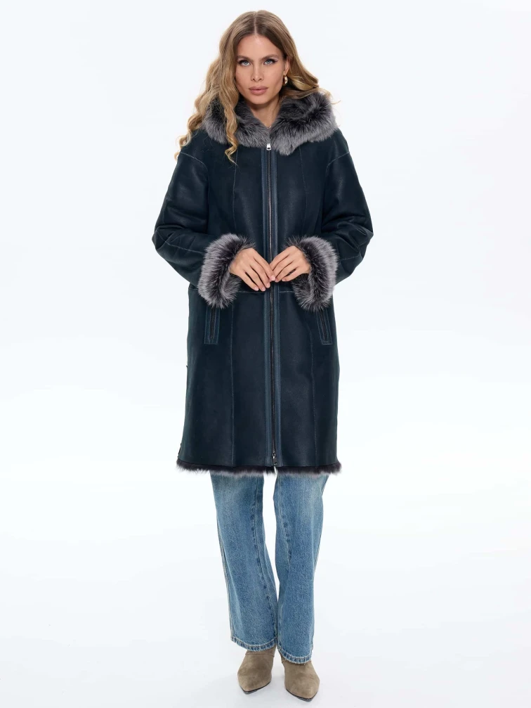 Женская дубленка с капюшоном из тосканы 2067, синяя, размер 46, артикул 64740-4