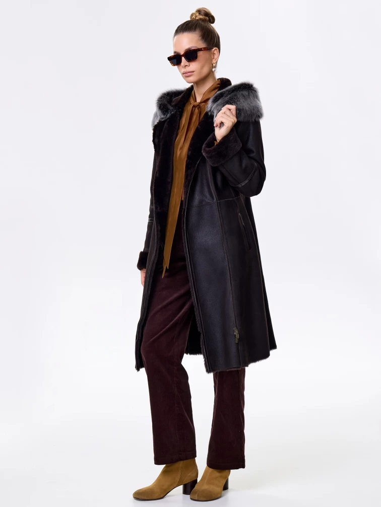 Женская дубленка с капюшоном из тосканы на молнии 265, коричневая, размер 42, артикул 61540-6