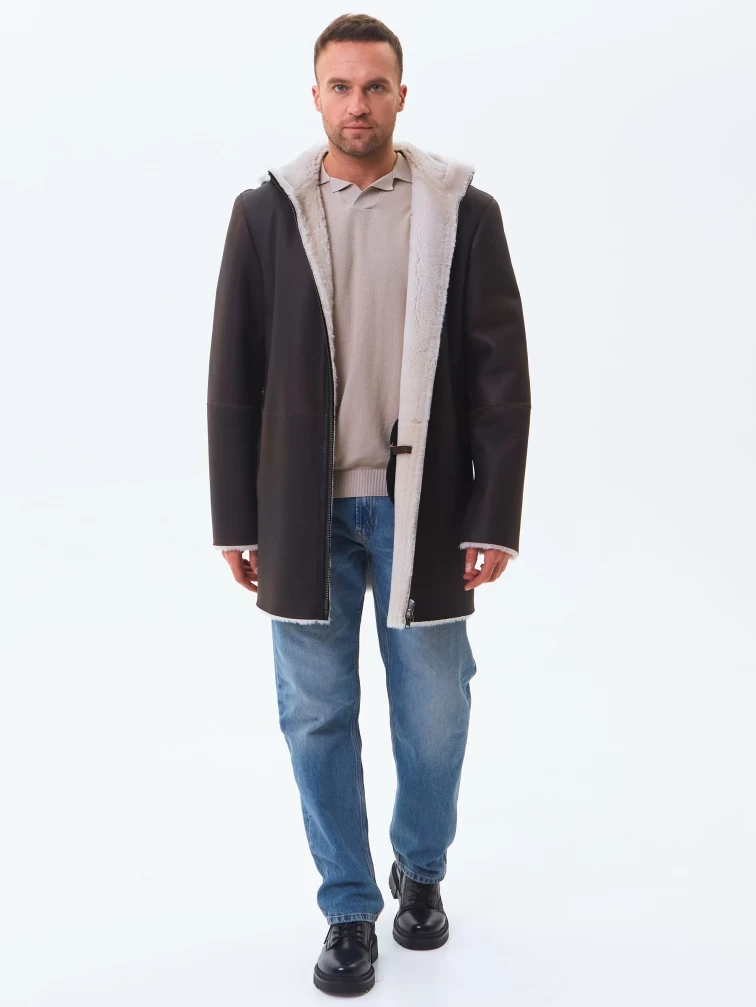 Длинная мужская дубленка из натуральной овчины премиум класса 438, коричневая, размер 48, артикул 41180-1