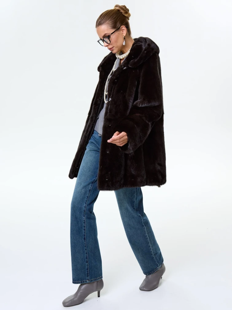 Короткая женская норковая шуба автоледи с капюшоном Елена(к), черная, размер 52, артикул 64540-2