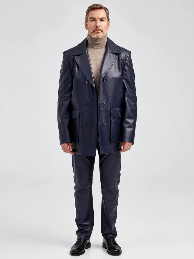 Двубортная мужская кожаная куртка бушлат 549, синяя, размер 48, артикул 29002-3
