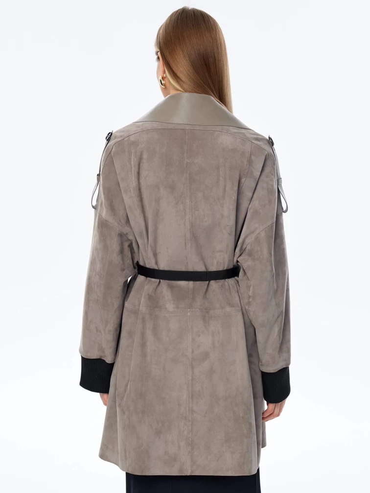 Замшевый короткий женский плащ оверсайз с поясом премиум класса 3063з, серый, размер 48, артикул 23730-4