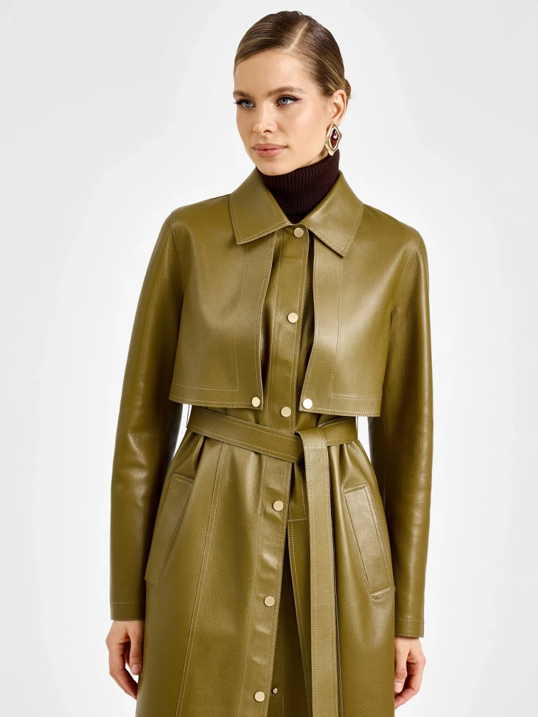 Зеленый женский длинный кожаный плащ премиум класса 3103, размер 44, артикул 92130-7