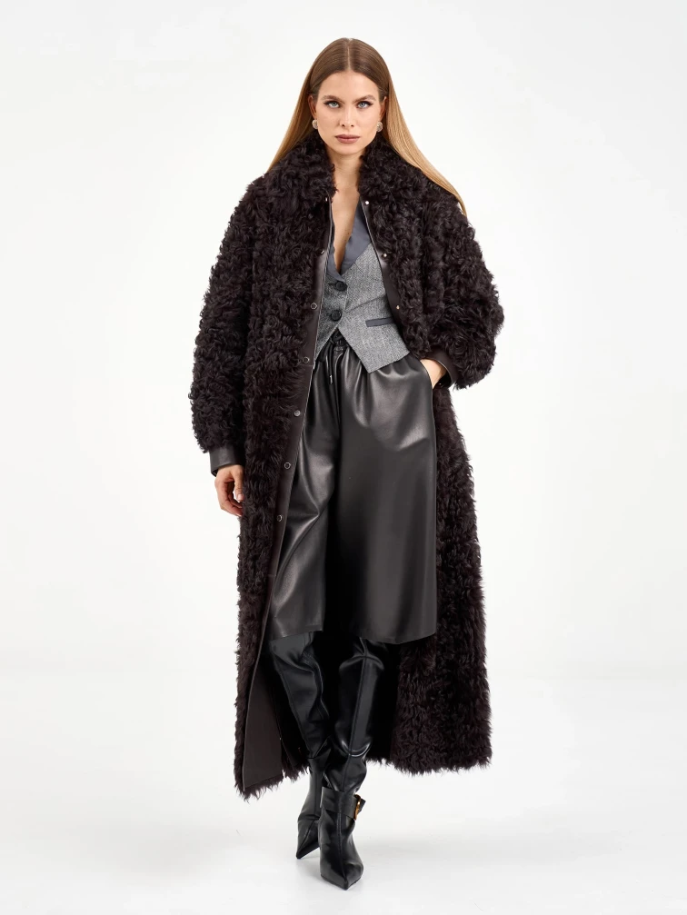 Длинная женская дубленка из тиградо 2082, коричневая, размер 44, артикул 65020-1