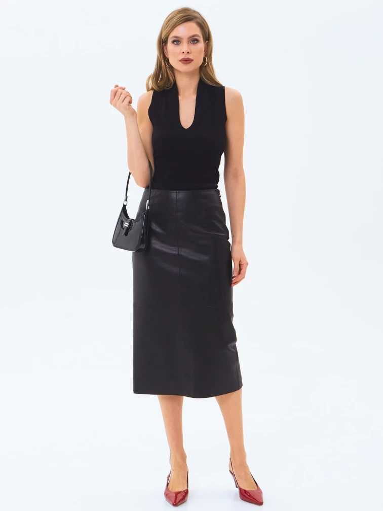 Кожаная юбка-карандаш 18, черная, размер 50, артикул 86000-6