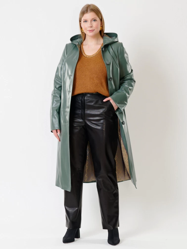 Кожаный женский утепленный плащ с капюшоном 380нш, оливковый, размер 52, артикул 91280-6