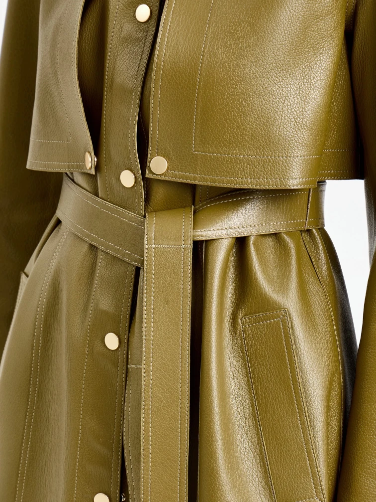 Зеленый женский длинный кожаный плащ премиум класса 3103, размер 44, артикул 92130-3