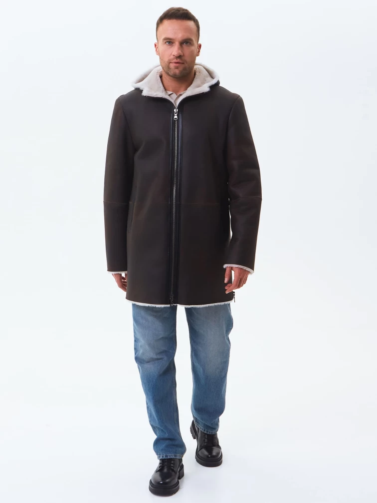 Длинная мужская дубленка из натуральной овчины премиум класса 438, коричневая, размер 48, артикул 41180-6