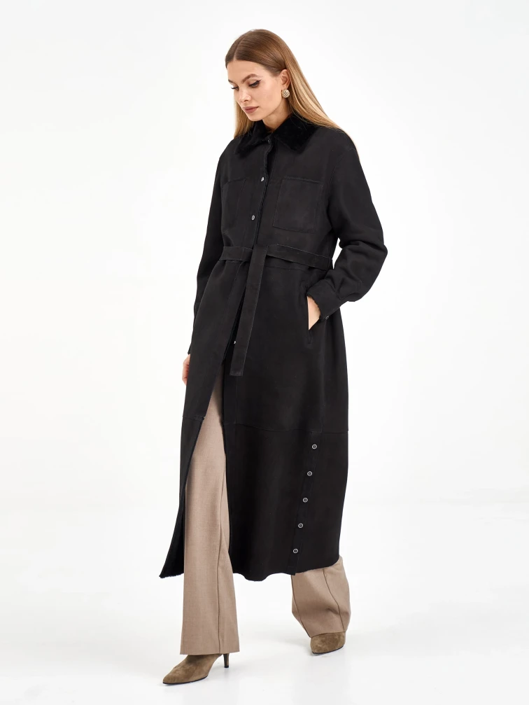 Длинная замшевая женская дубленка 2086, черная, размер 44, артикул 64980-1