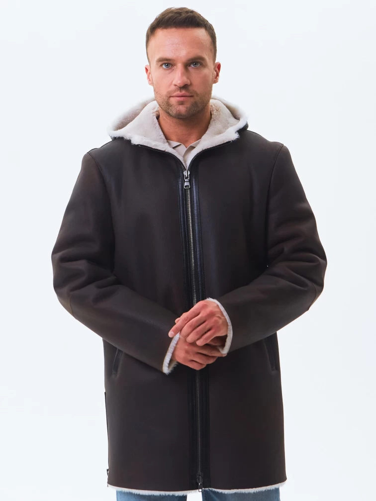 Длинная мужская дубленка из натуральной овчины премиум класса 438, коричневая, размер 48, артикул 41180-0