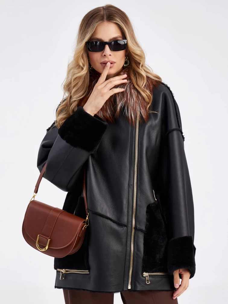 Короткая женская дубленка оверсайз с воротником лисицы премиум класса 2042, черная, размер 46, артикул 63160-0